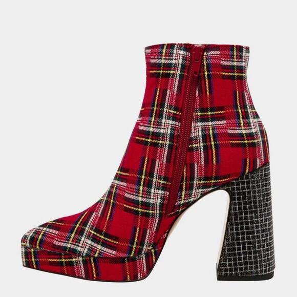 BETSEY JOHNSON WOMEN'S PLATFORM HEEL BOOTS RAYLAN WITH RHINESTONES RED PLAID 10M - Picture 3 of 9